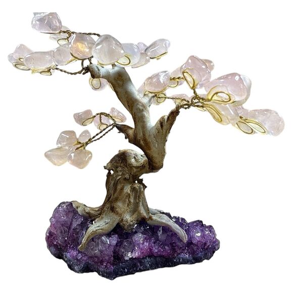Rose Quartz Tree of Life on Amethyst Druzy Cluster Crystal Bonsai - Picture 3 of 4